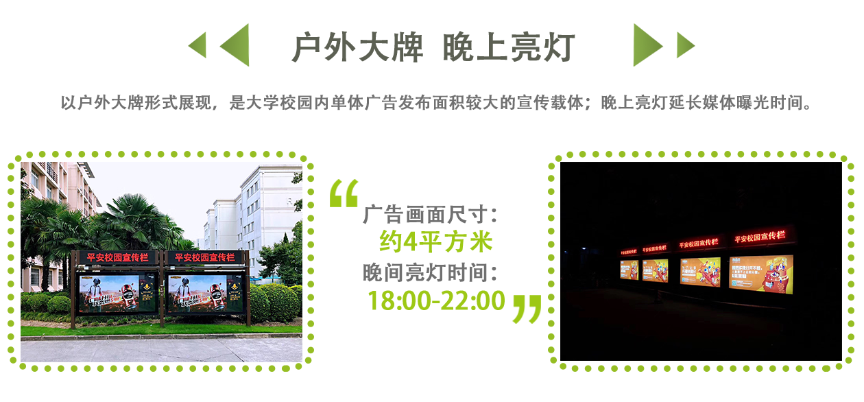 以户外大牌形式展现，是大学校园内单体广告发布面积较大的宣传载体；晚上亮灯延长媒体曝光时间。